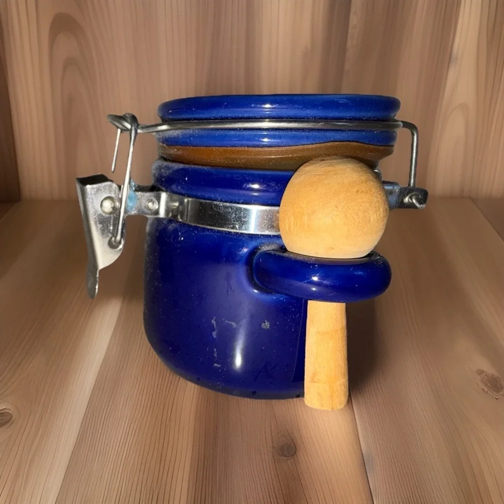 Mini Cobalt Blue Ceramic Kitchen Canister‎ Airtight Lid w/ Wooden Spoon